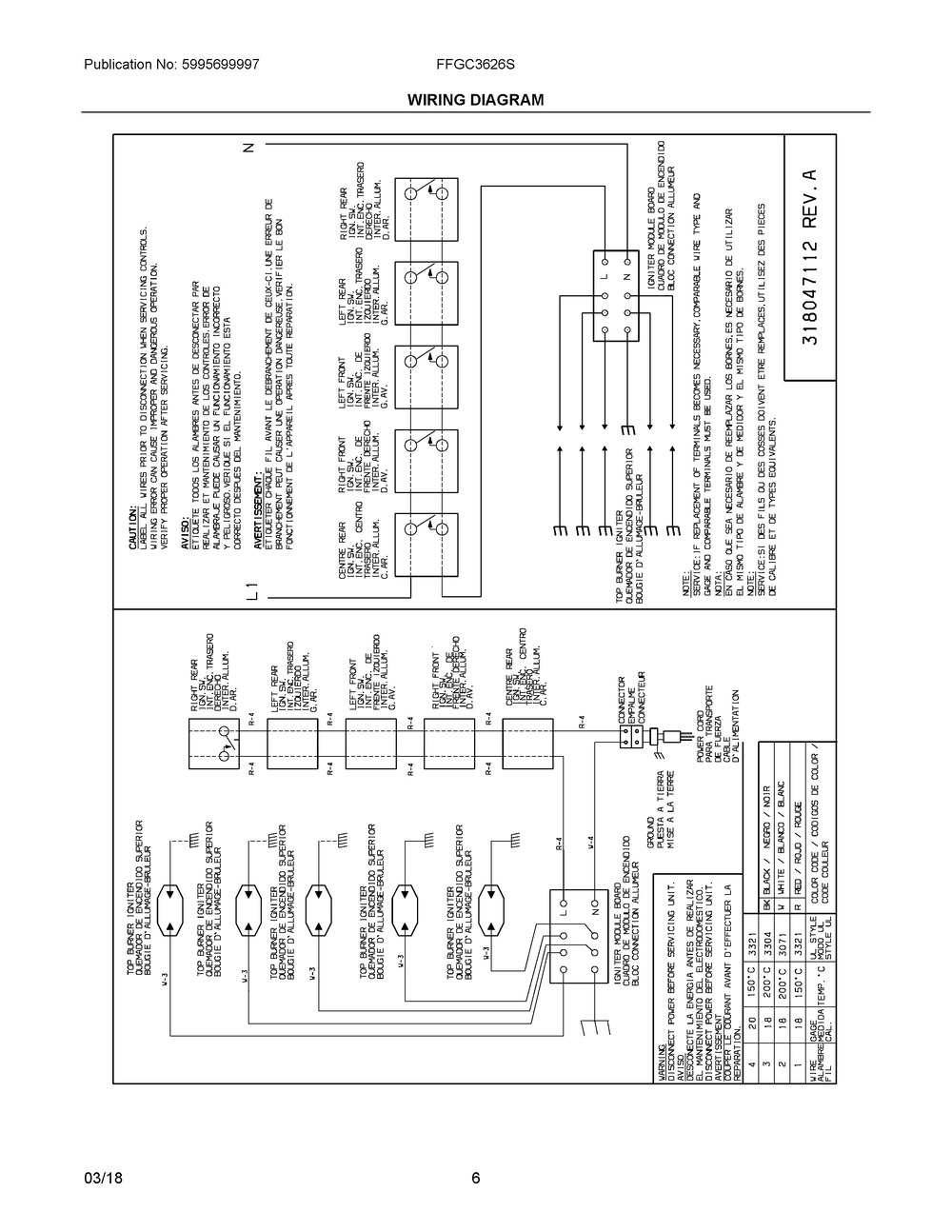 Wiring Diagram Diagram and Parts List for FFGC3626SSC  Frigidaire Cooktop