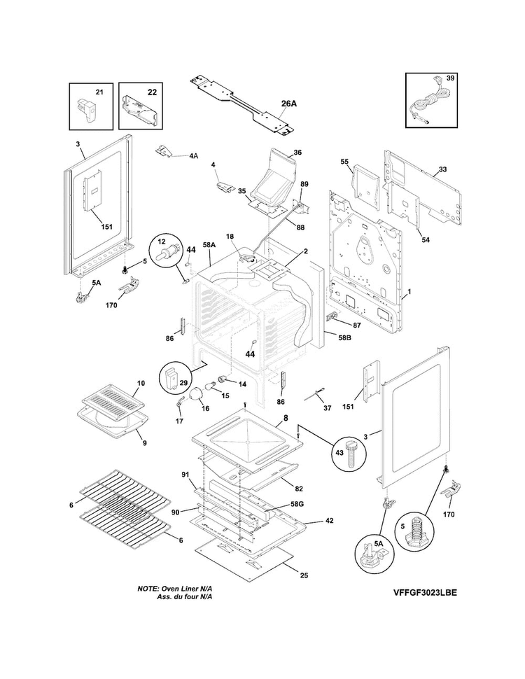 Body Diagram and Parts List for FFGF3023LWF  Frigidaire Range