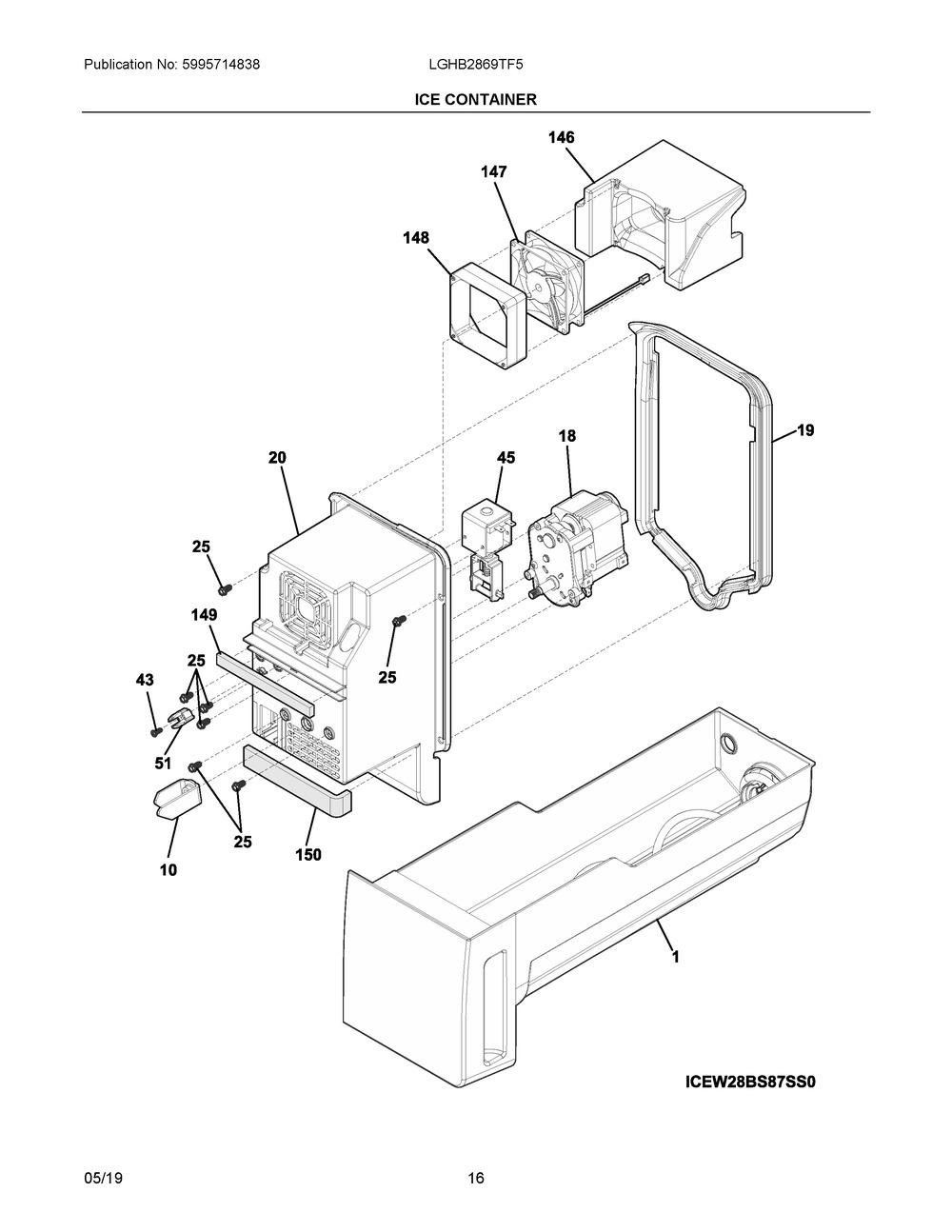 Ice Container Diagram and Parts List for LGHB2869TF5  Frigidaire Refrigerator