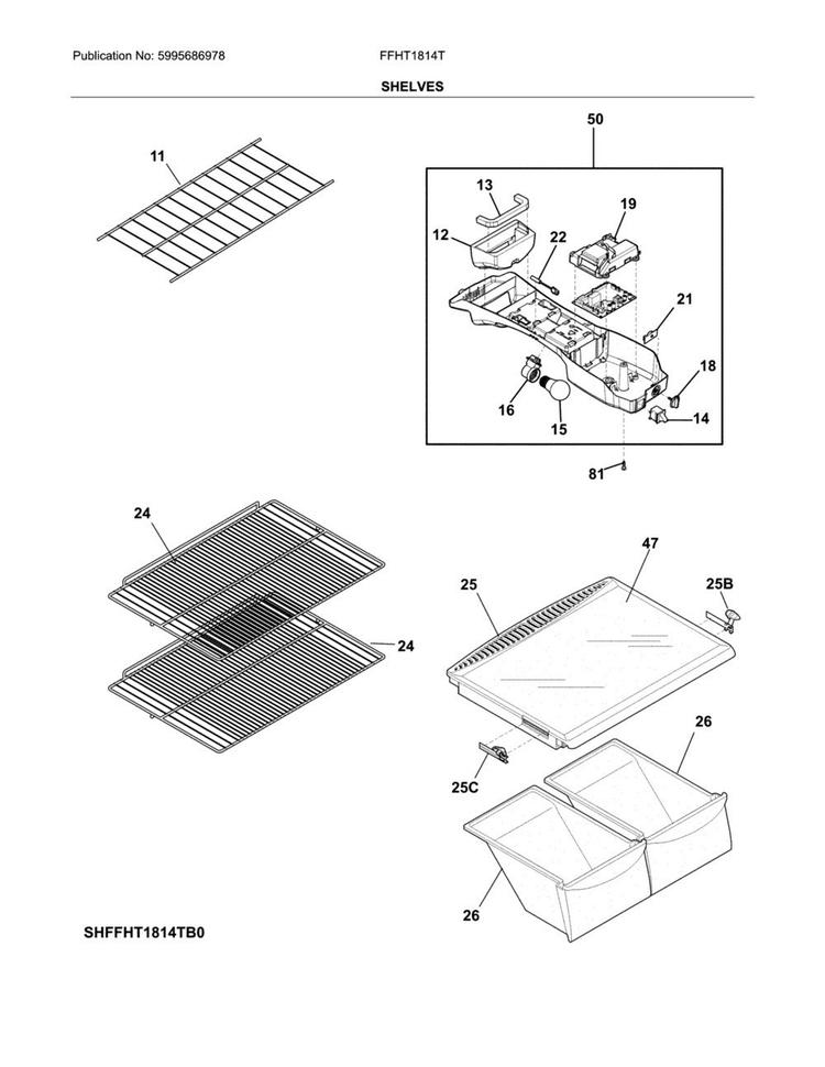 Shelves Diagram and Parts List for FFHT1814TB0  Frigidaire Refrigerator