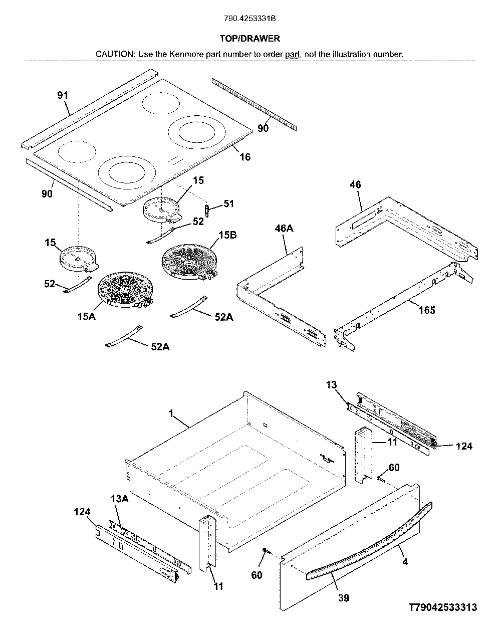 Top/drawer Diagram and Parts List for 7904253331B  Kenmore Range