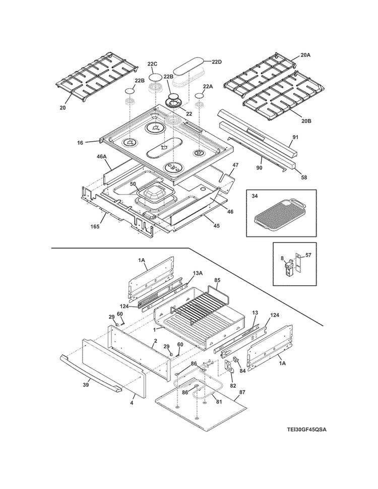 Top/drawer Diagram and Parts List for EI30GF45QSA  Electrolux Range