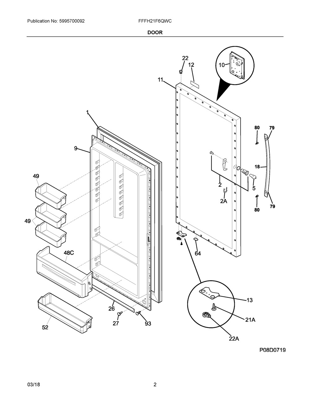Door Diagram and Parts List for FFFH21F6QWC  Frigidaire Freezer