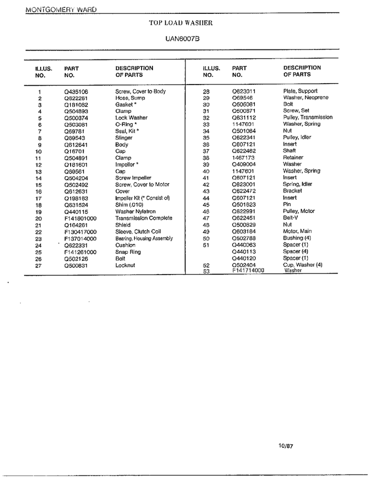 Washer Page 7 Diagram and Parts List for 6007B  Frigidaire Washer