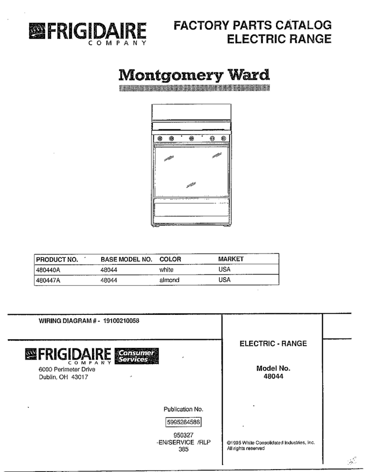 Electric Range Front Cover Diagram and Parts List for 48044  Frigidaire Range