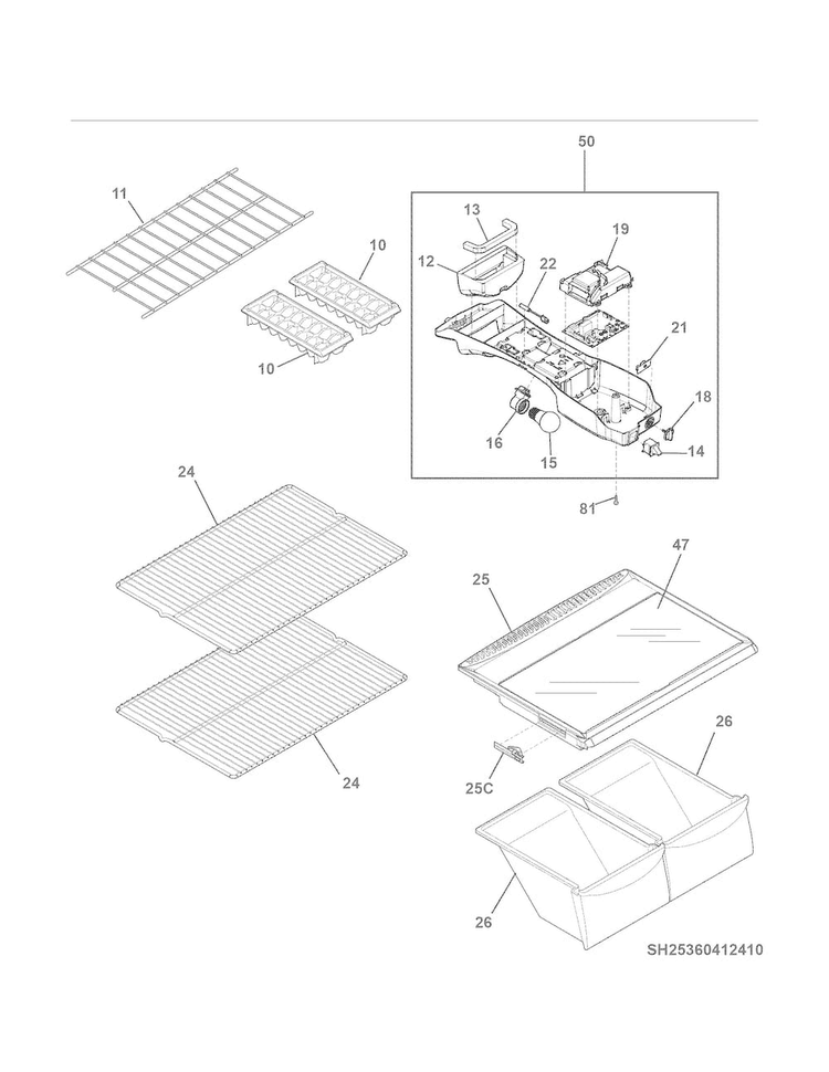 Shelves Diagram and Parts List for 25360412411  Kenmore Refrigerator