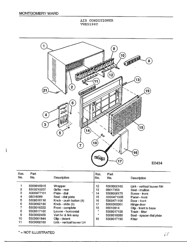Air Conditioner Diagram and Parts List for 5198C  Frigidaire Air Conditioner