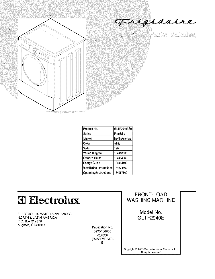 COVER Diagram and Parts List for GLTF2940ES0  Frigidaire Washer