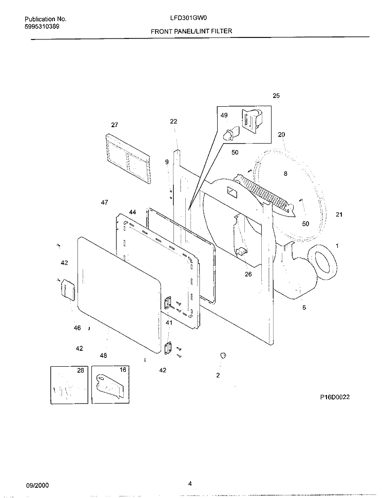FRONT PANEL / LINT FILTER Diagram and Parts List for LFD301GW0  Frigidaire Dryer
