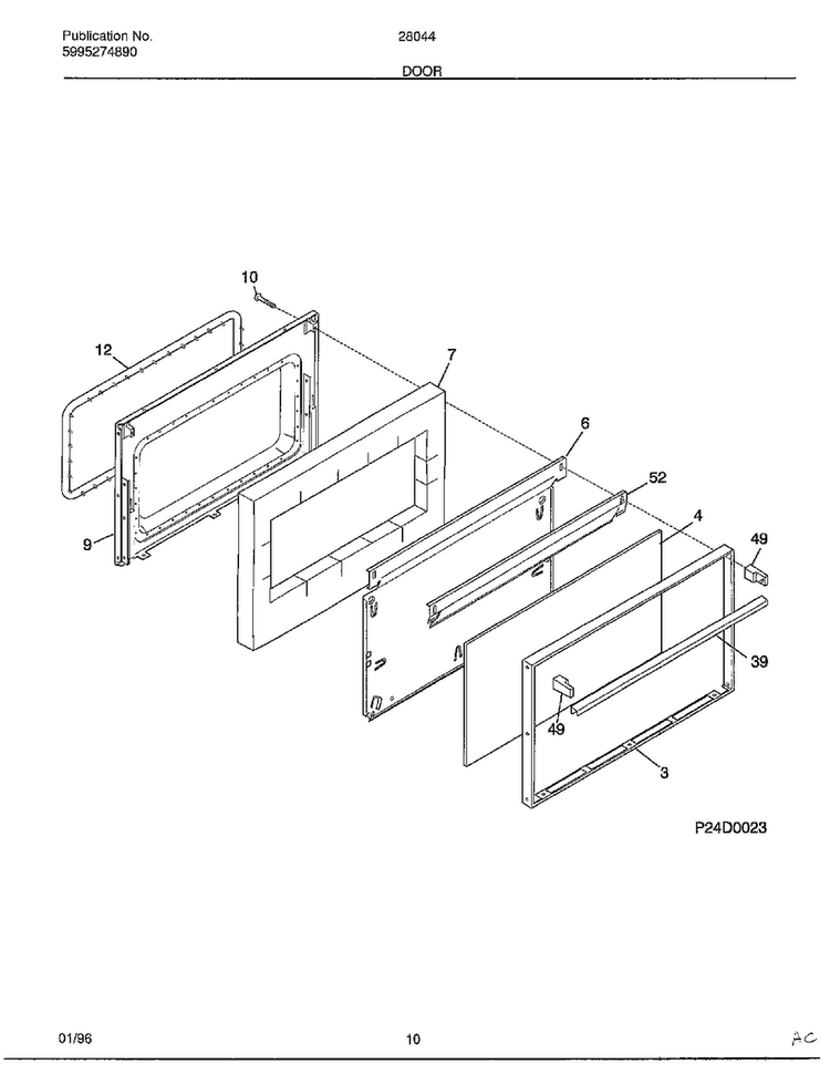 Door Diagram and Parts List for 280440C  Frigidaire Range
