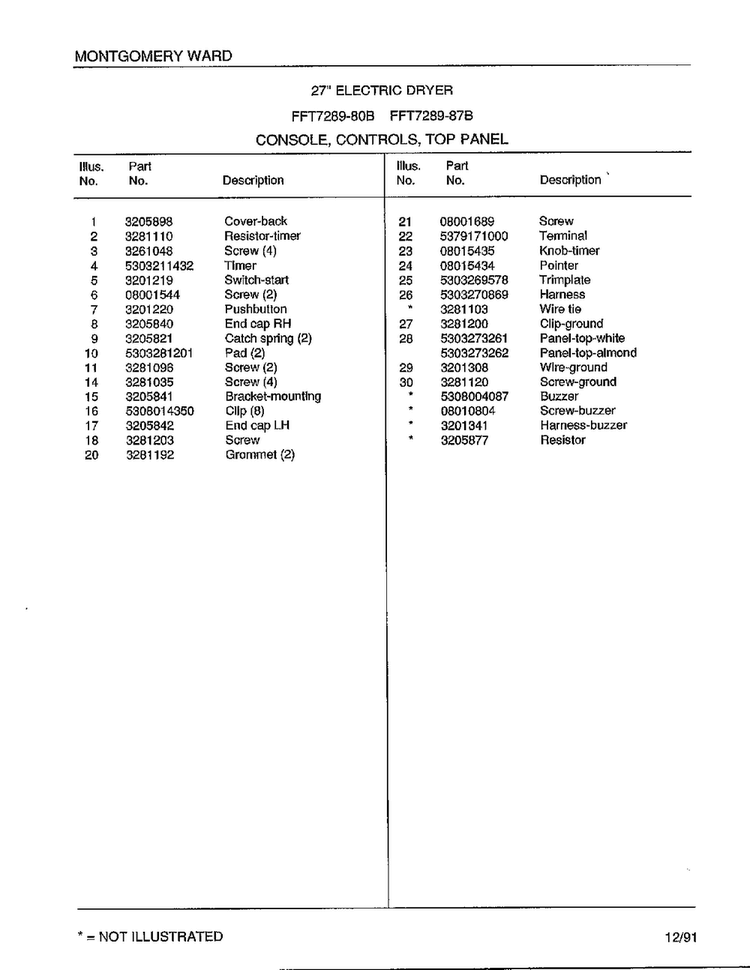 Console/controls/top Panel Page 2 Diagram and Parts List for 7289-80B  Frigidaire Dryer