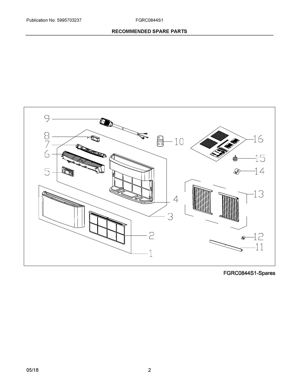 Recommended Spare Parts Diagram and Parts List for FGRC0844S110  Frigidaire Air Conditioner