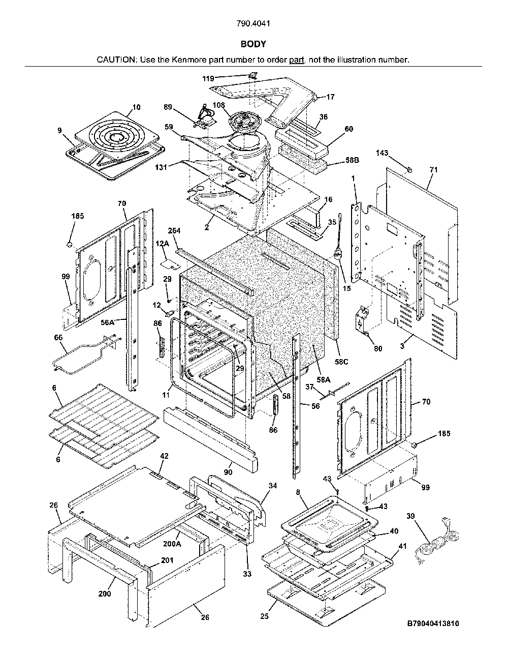 Body Diagram and Parts List for 79040419810  Kenmore Wall Oven