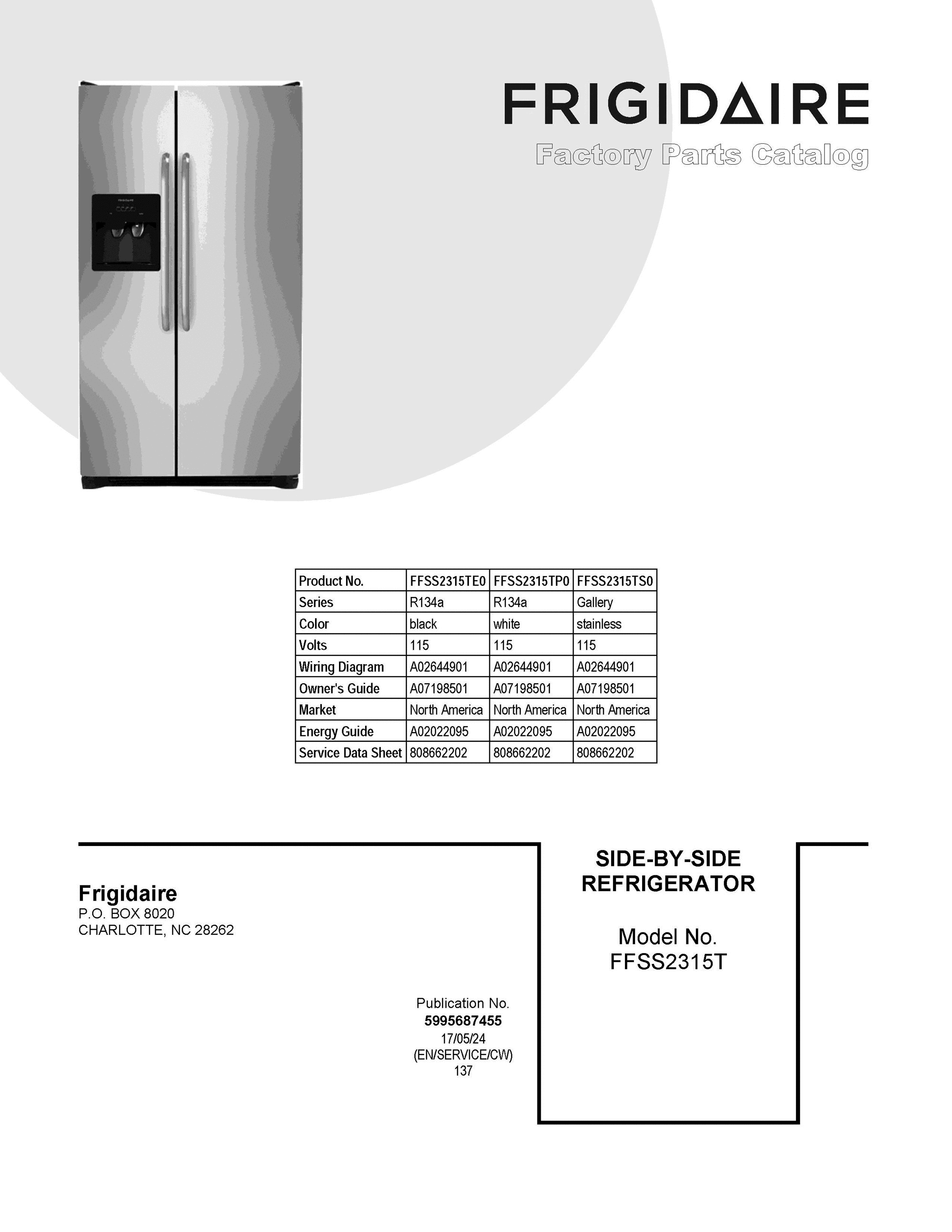 01 - COVER SHEET Diagram and Parts List for FFSS2315TE0  Frigidaire Refrigerator