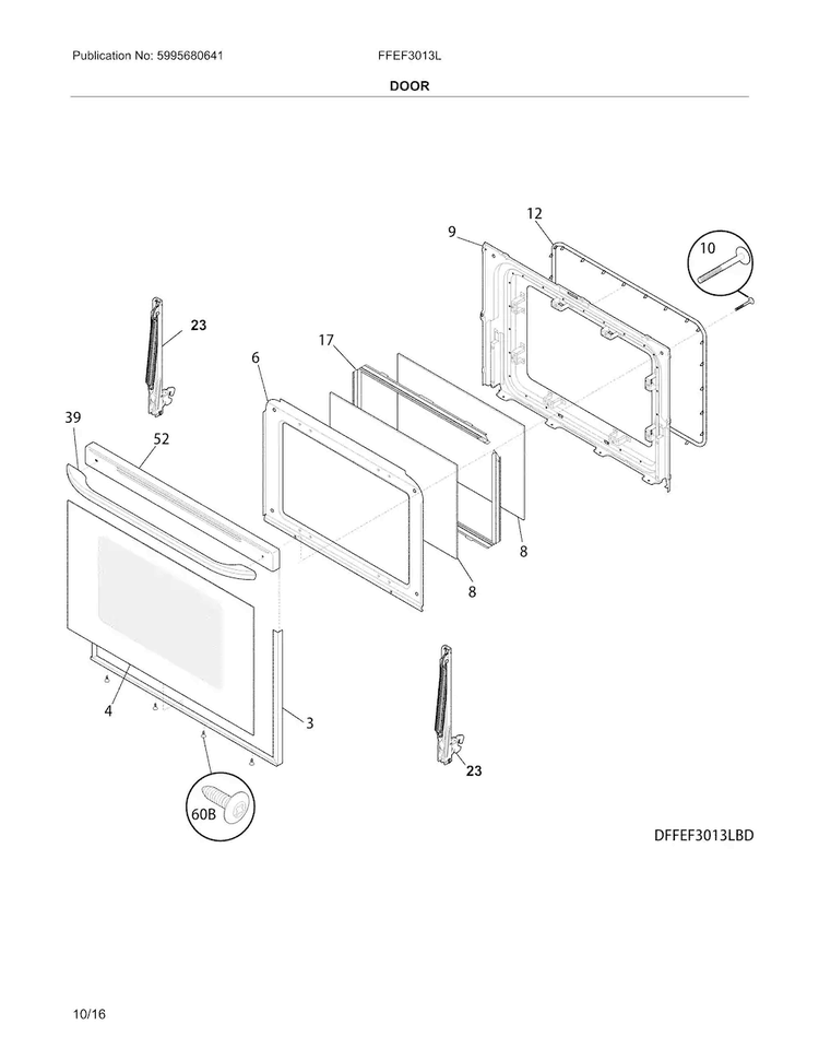 Door Diagram and Parts List for FFEF3013LBJ  Frigidaire Range