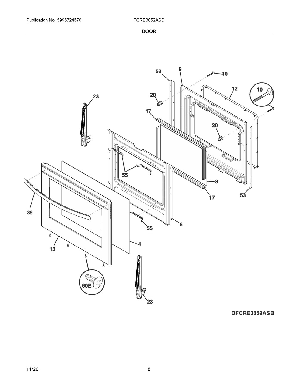 Door Diagram and Parts List for FCRE3052ASD  Frigidaire Range