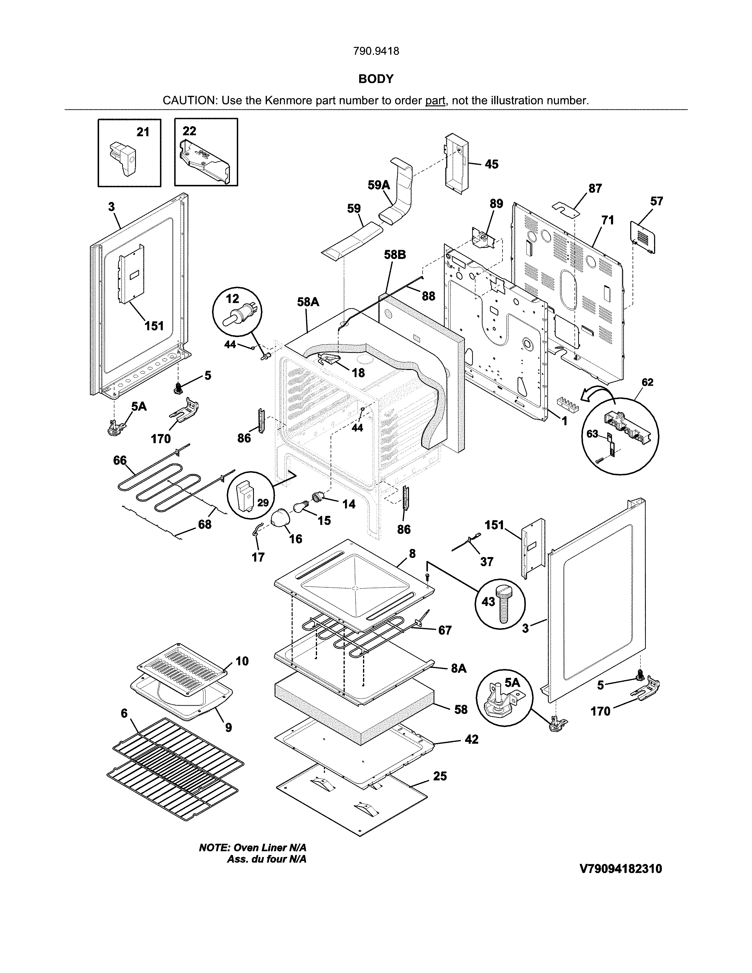 Body Diagram and Parts List for 79094184311  Kenmore Range