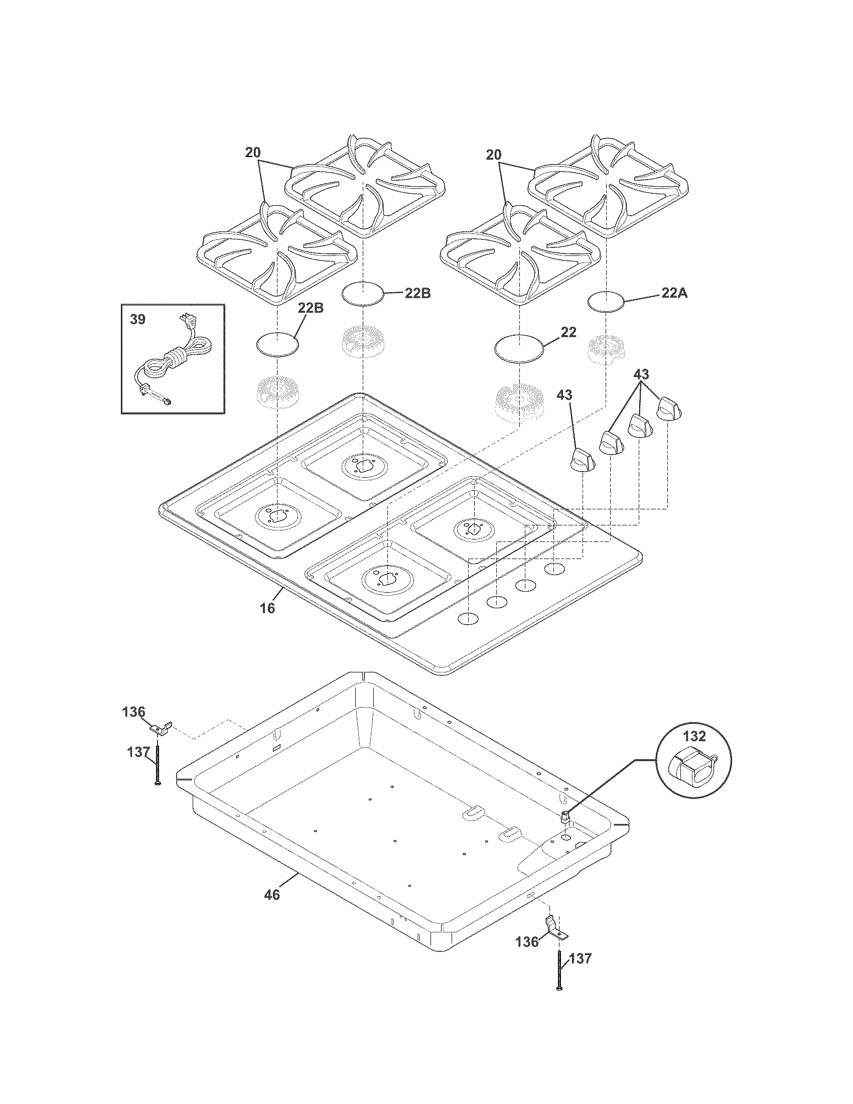 Cooktop Diagram and Parts List for 79032419902  Kenmore Cooktop