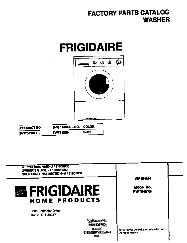 COVER Diagram and Parts List for FWT645RHS1  Frigidaire Washer