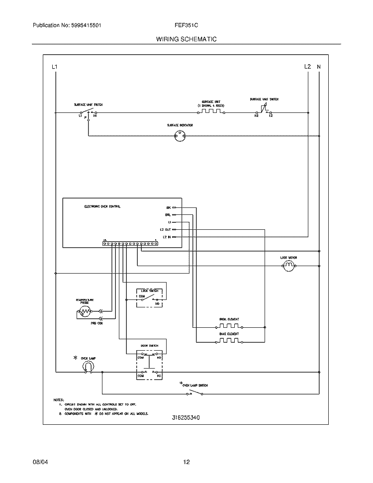 WIRING SCHEMATIC Diagram and Parts List for FEF351CUC  Frigidaire Range