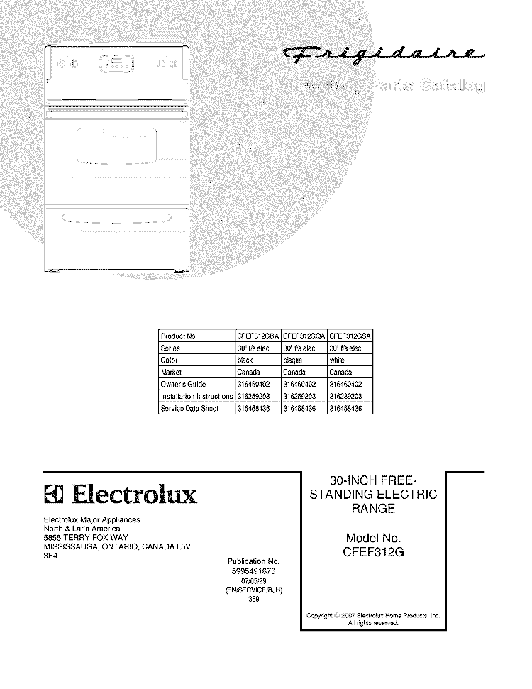 COVER Diagram and Parts List for CFEF312GSA  Frigidaire Range