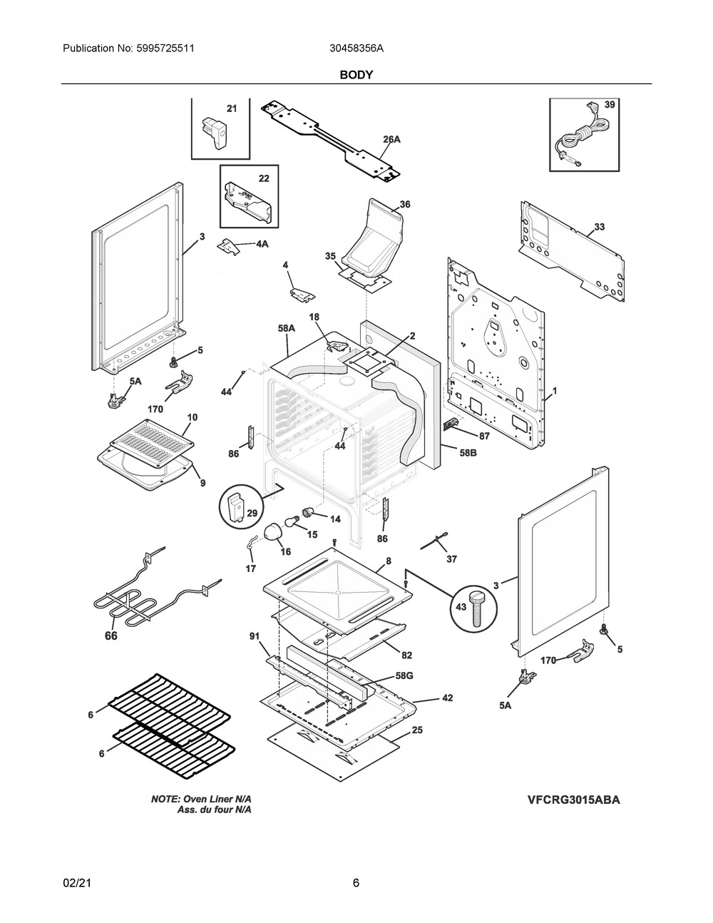 Body Diagram and Parts List for 30458356A  Frigidaire Range