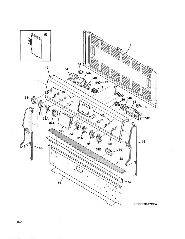Backguard Diagram and Parts List for FPEF3077QFB  Frigidaire Range