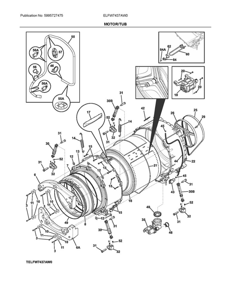 Motor/Tub Diagram and Parts List for ELFW7437AW0  Frigidaire Washer