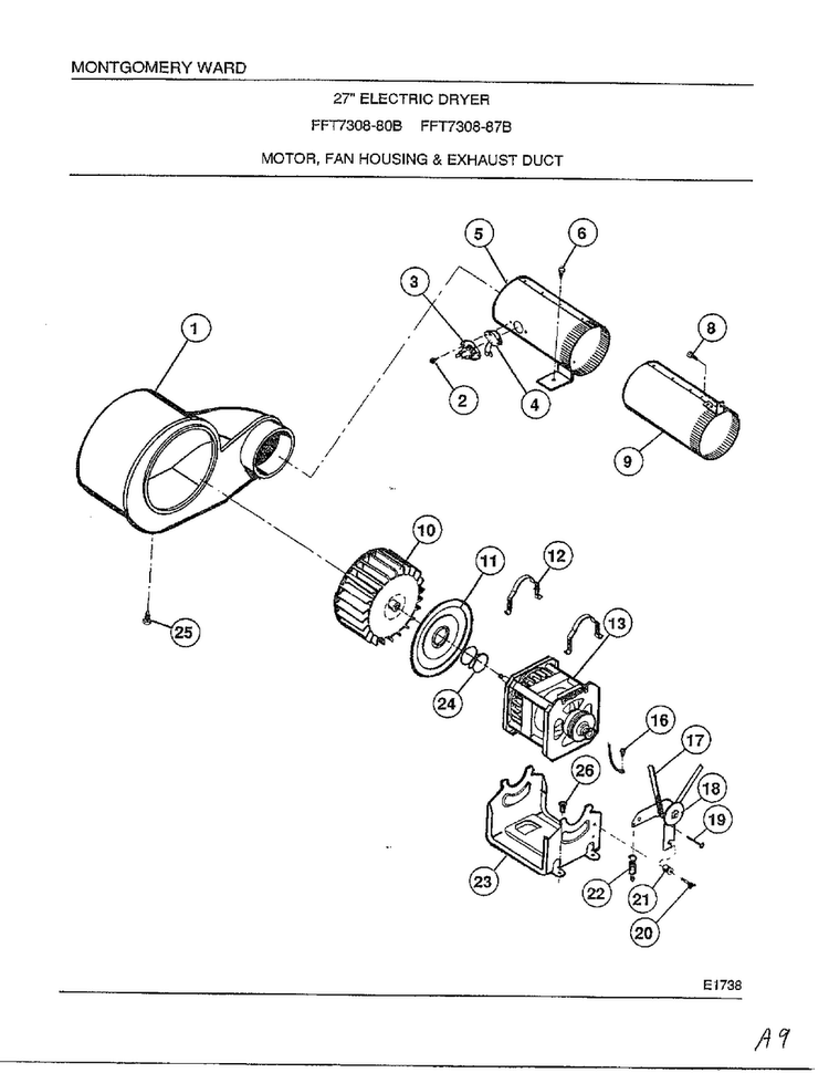 Motor, Fan Housing And Exhaust Duct Diagram and Parts List for 7308B  Frigidaire Dryer