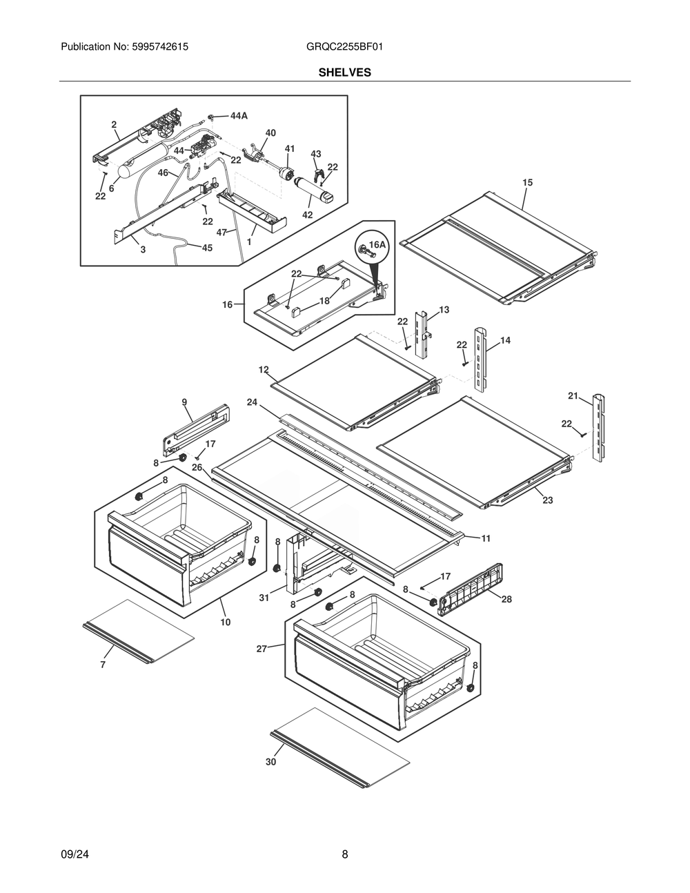 Shelves Diagram and Parts List for GRQC2255BF01  Frigidaire Refrigerator