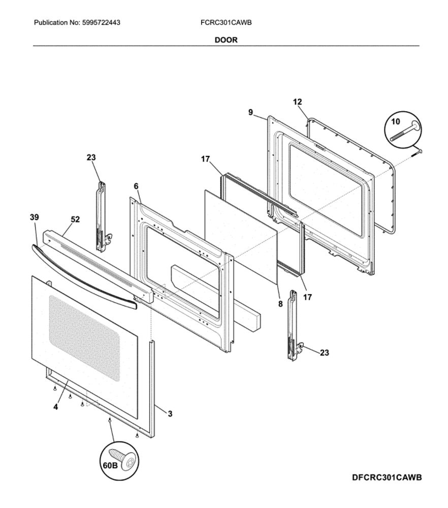 Door Diagram and Parts List for FCRC301CAWB  Frigidaire Range