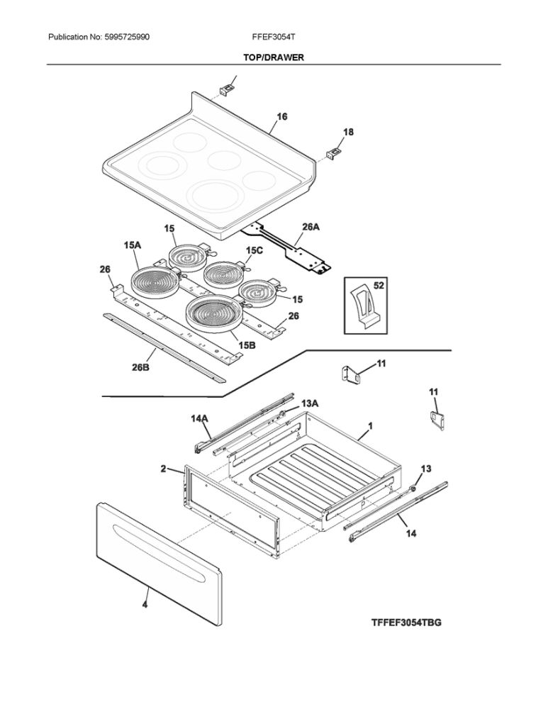 Top/Drawer Diagram and Parts List for FFEF3054TWN  Frigidaire Range