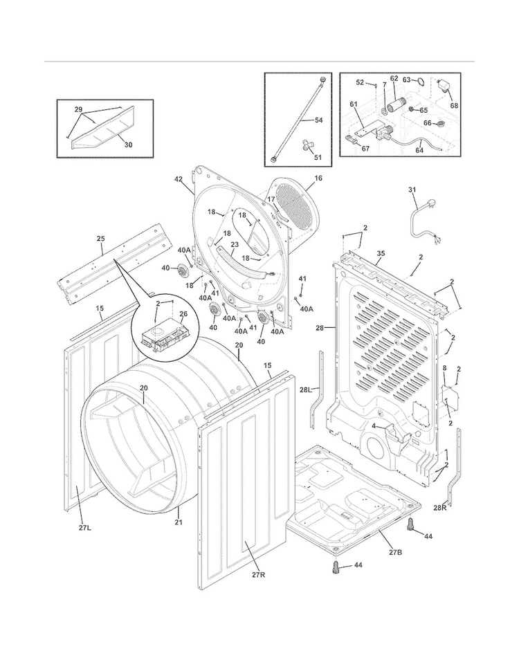 Cabinet/drum Diagram and Parts List for FASG7073NW2  Frigidaire Dryer