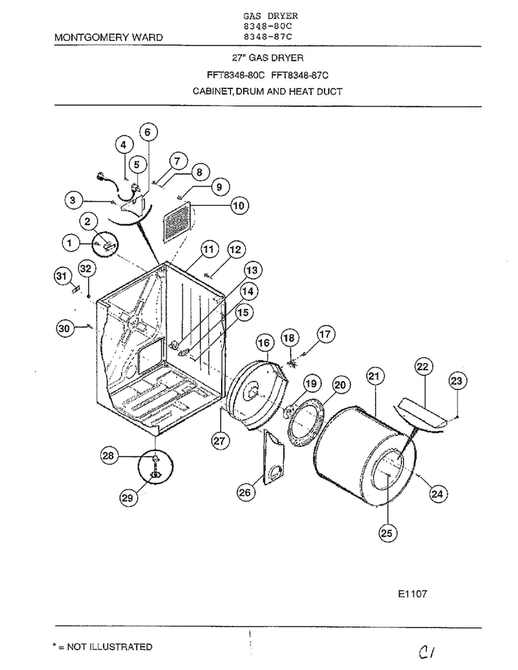 Cabinet, Drum And Heat Duct Diagram and Parts List for 8348-87C  Frigidaire Dryer
