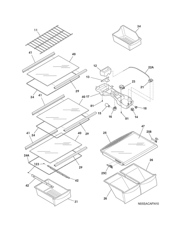 Shelves Diagram and Parts List for FFHI1817LSC  Frigidaire Refrigerator