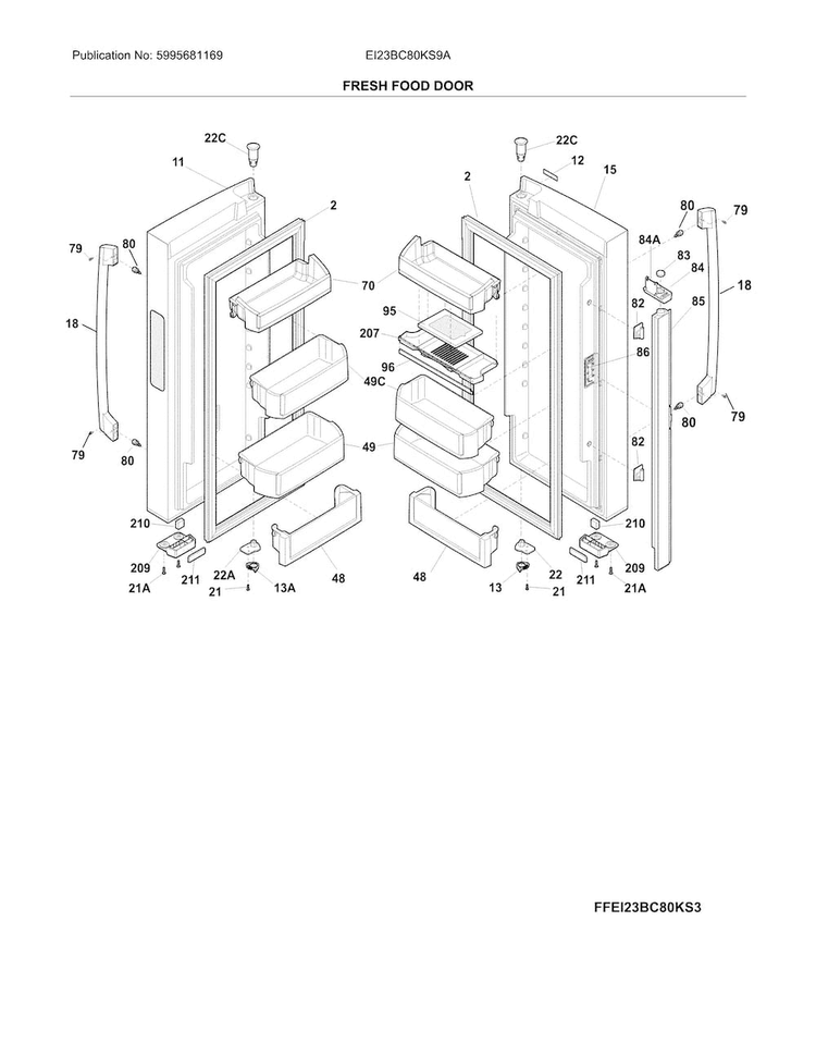 Fresh Food Door Diagram and Parts List for EI23BC80KS9A  Electrolux Refrigerator