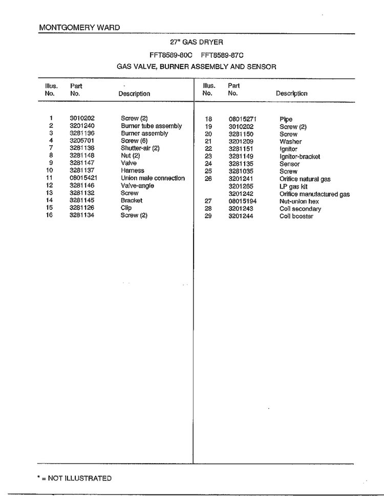 Gas Valve, Burner Assy And Sensor Page 2 Diagram and Parts List for 8589-80C  Frigidaire Dryer