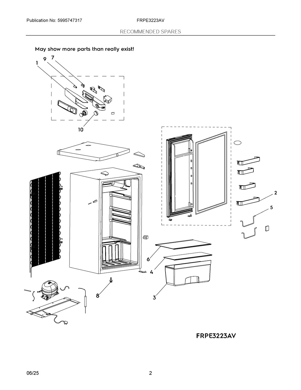 Recommended Spares Diagram and Parts List for FRPE3223AV  Frigidaire Refrigerator