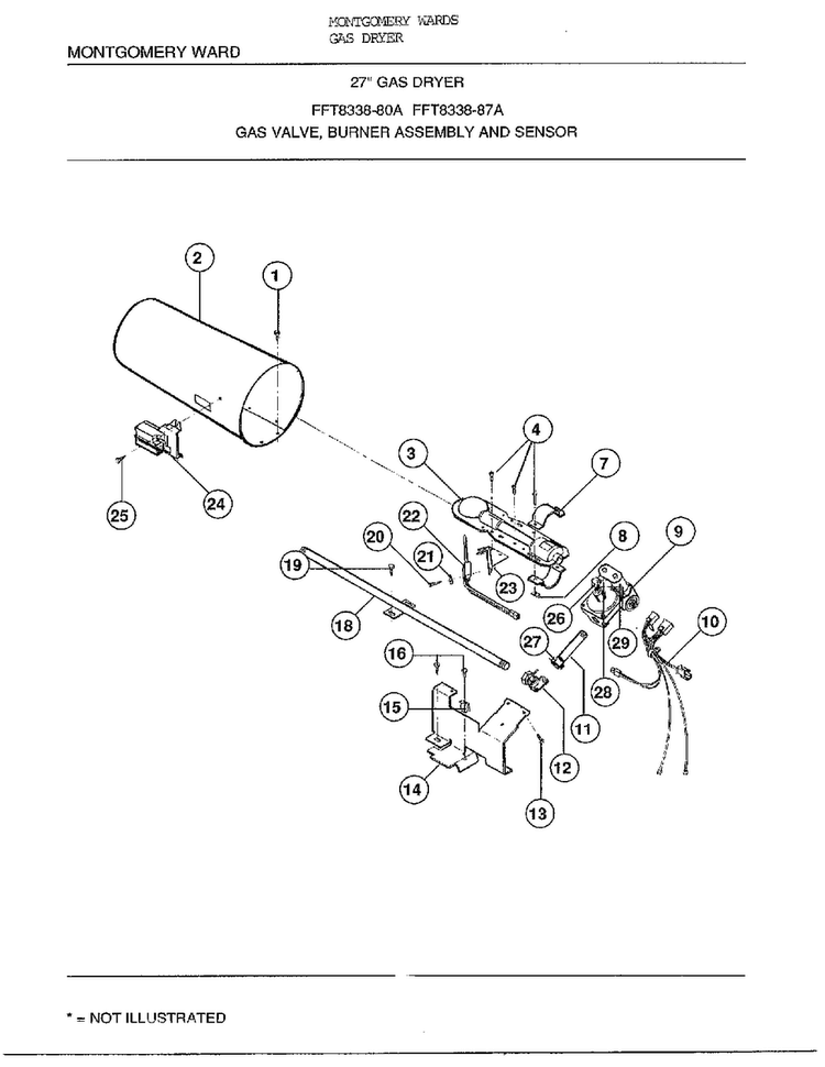 27` Gas Valve/burner/sensor Diagram and Parts List for 8338A  Frigidaire Dryer