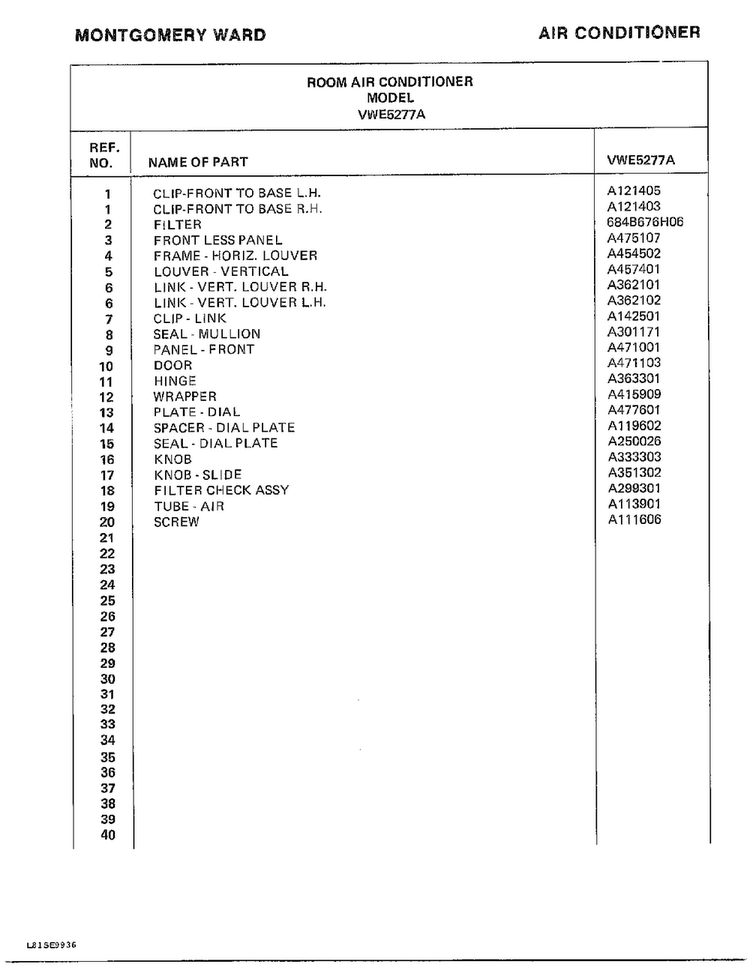Room Air Conditioner Page 2 Diagram and Parts List for 5277A  Frigidaire Air Conditioner