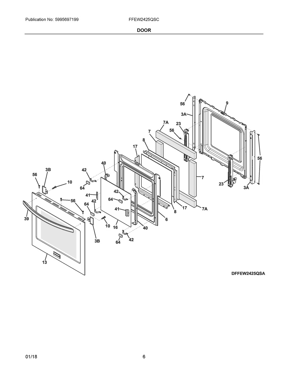 Door Diagram and Parts List for FFEW2425QSC  Frigidaire Wall Oven