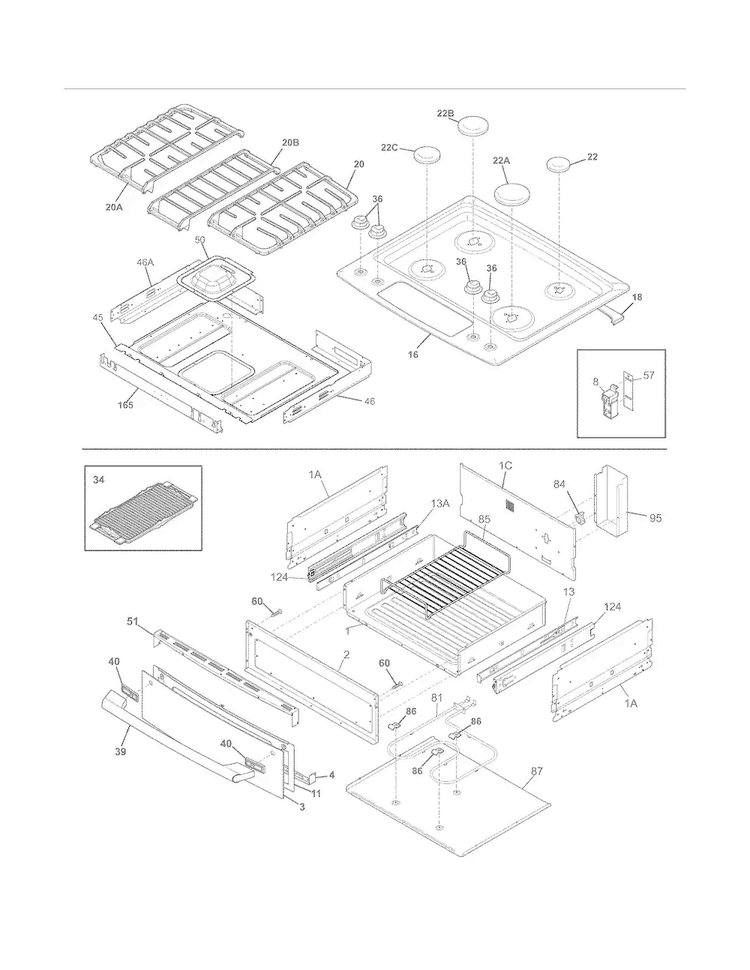 Top/drawer Diagram and Parts List for EI30DS55LBA  Electrolux Range