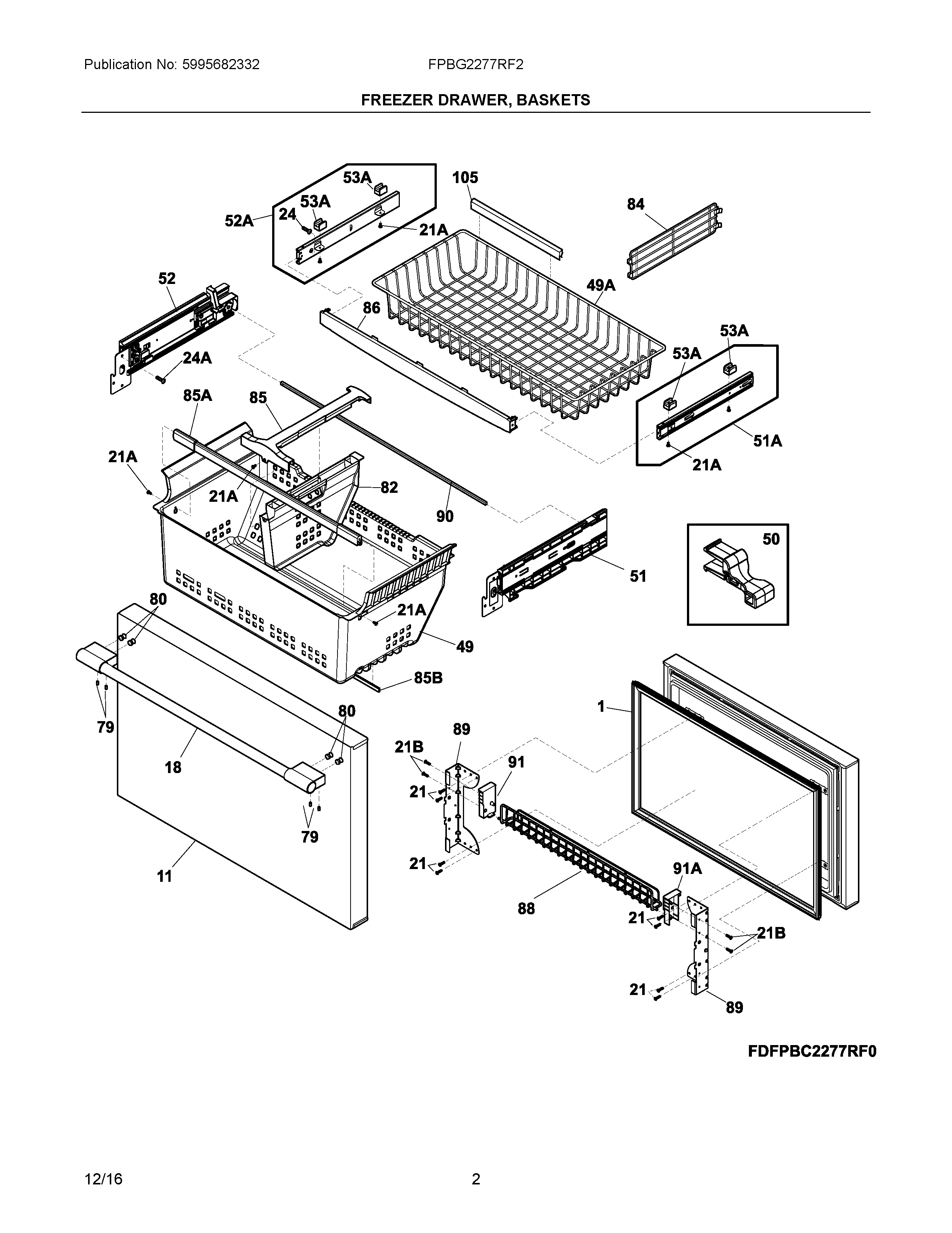 02 - FREEZER DRAWER, BASKETS Diagram and Parts List for FPBG2277RF2  Frigidaire Refrigerator