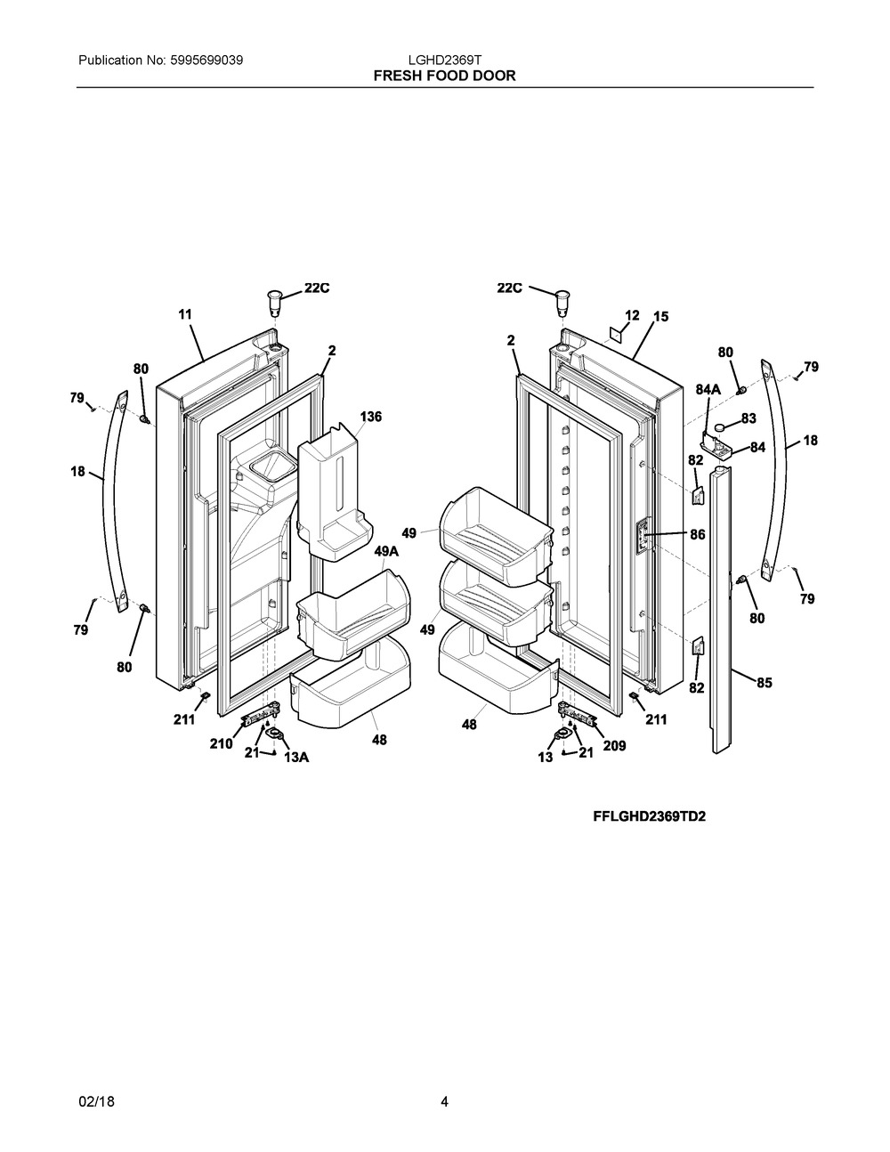 Fresh Food Door Diagram and Parts List for LGHD2369TD3  Frigidaire Refrigerator