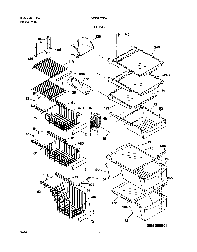 SHELVES Diagram and Parts List for NGS23ZZAW2  Frigidaire Refrigerator