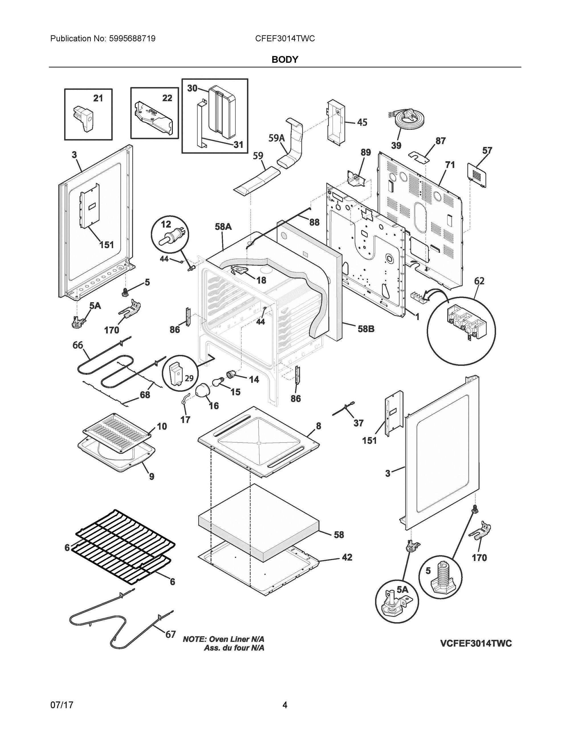 03 - BODY Diagram and Parts List for CFEF3014TWC  Frigidaire Range