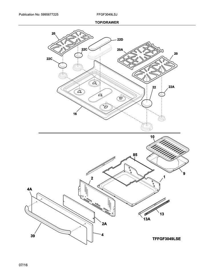 Top/drawer Diagram and Parts List for FFGF3049LSJ  Frigidaire Range