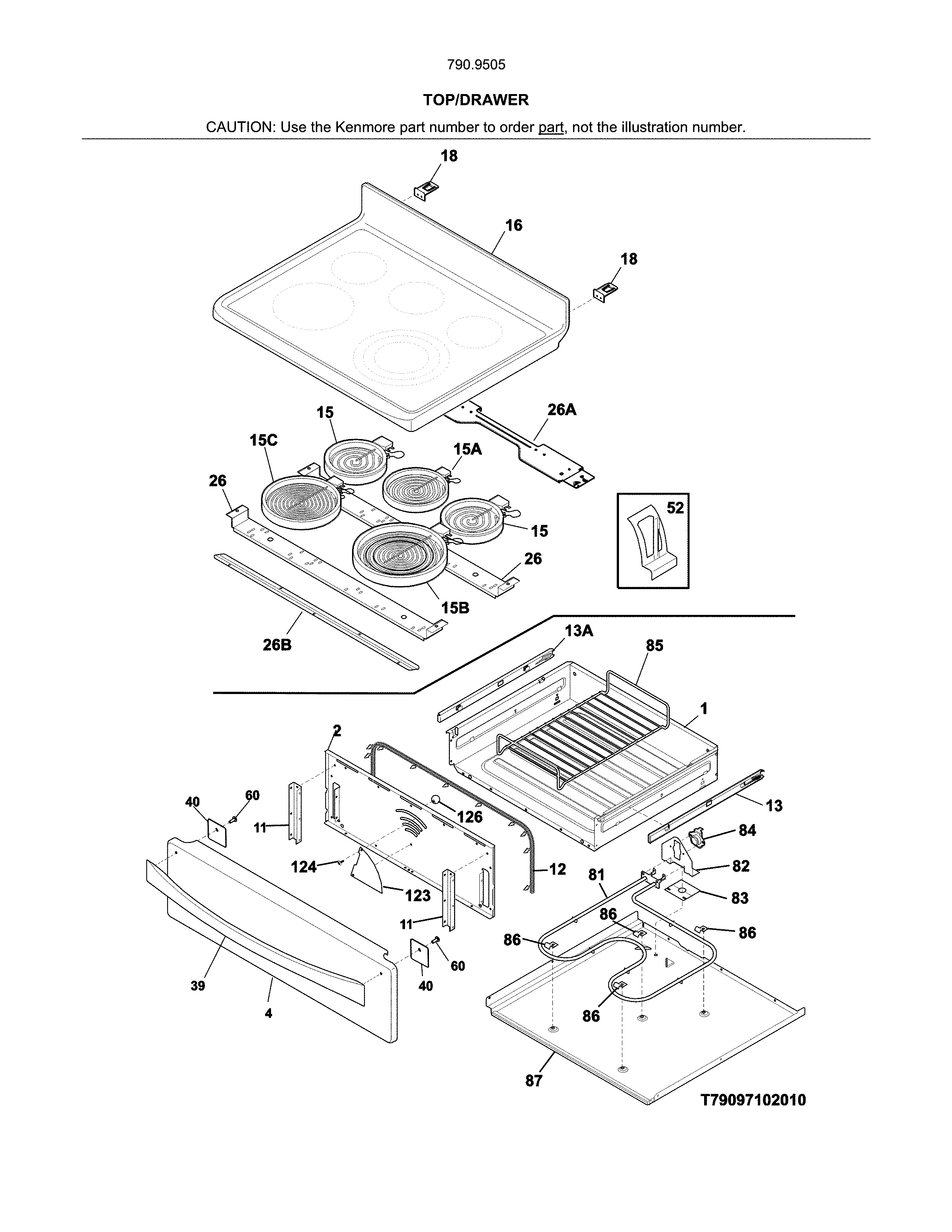 Top/drawer Diagram and Parts List for 79095059312  Kenmore Range