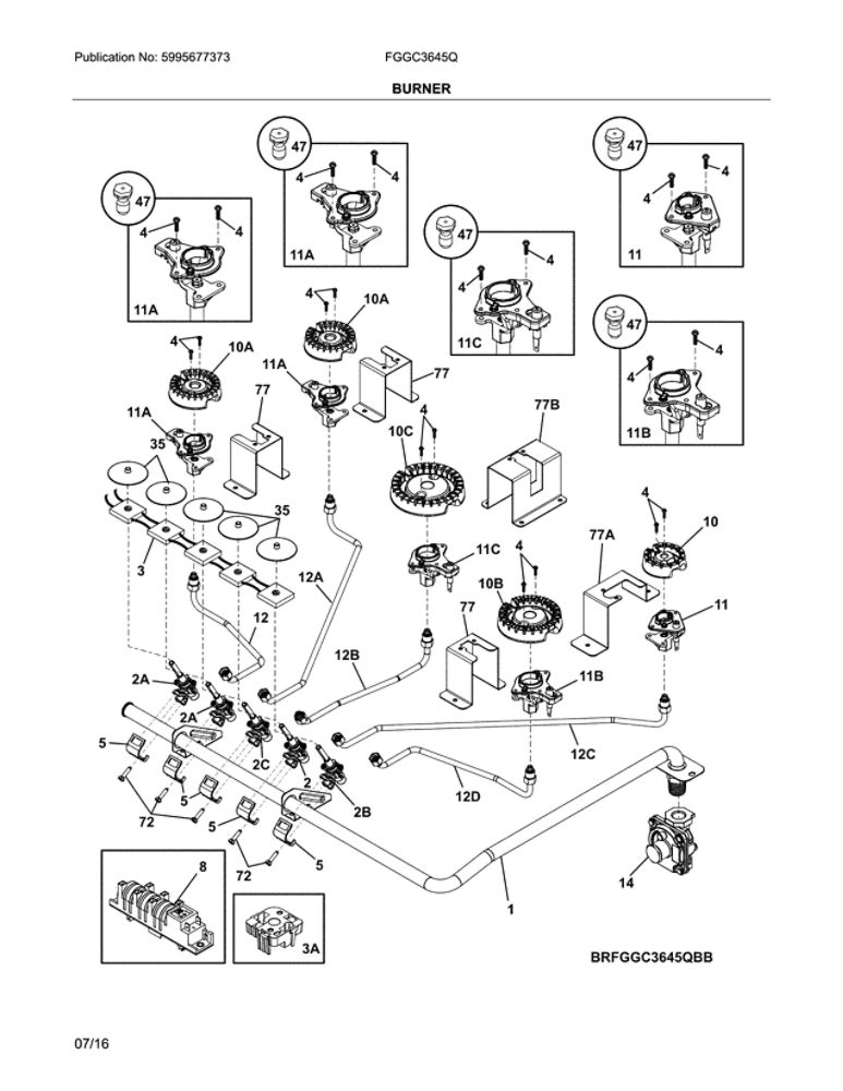 Burners Diagram and Parts List for FGGC3645QWB  Frigidaire Cooktop