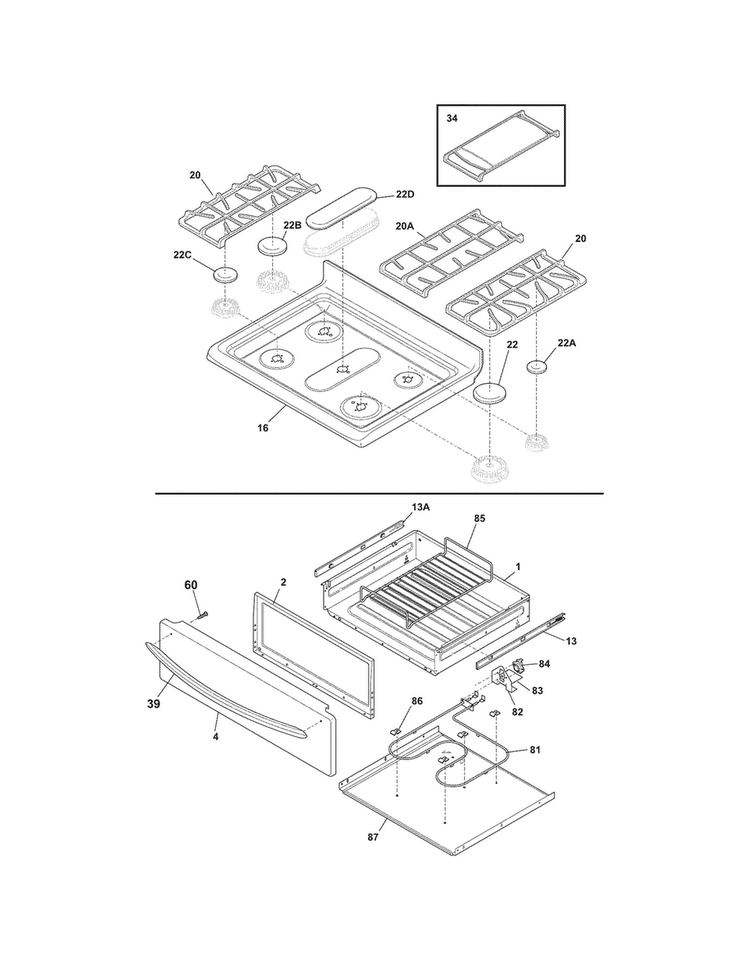 Top/drawer Diagram and Parts List for CGGF3056KFS  Frigidaire Range